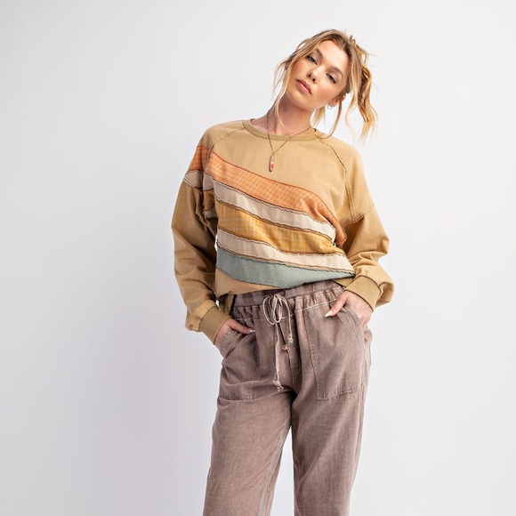 New Easel Washed Distressed Terry Knit Pullover Patchwork Sweatshirt Patchwork - Picture 1 of 10